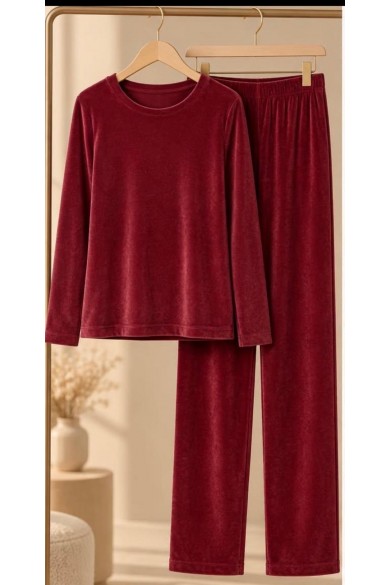 Fransız Kadife Bordo Kadın Pijama Takımı